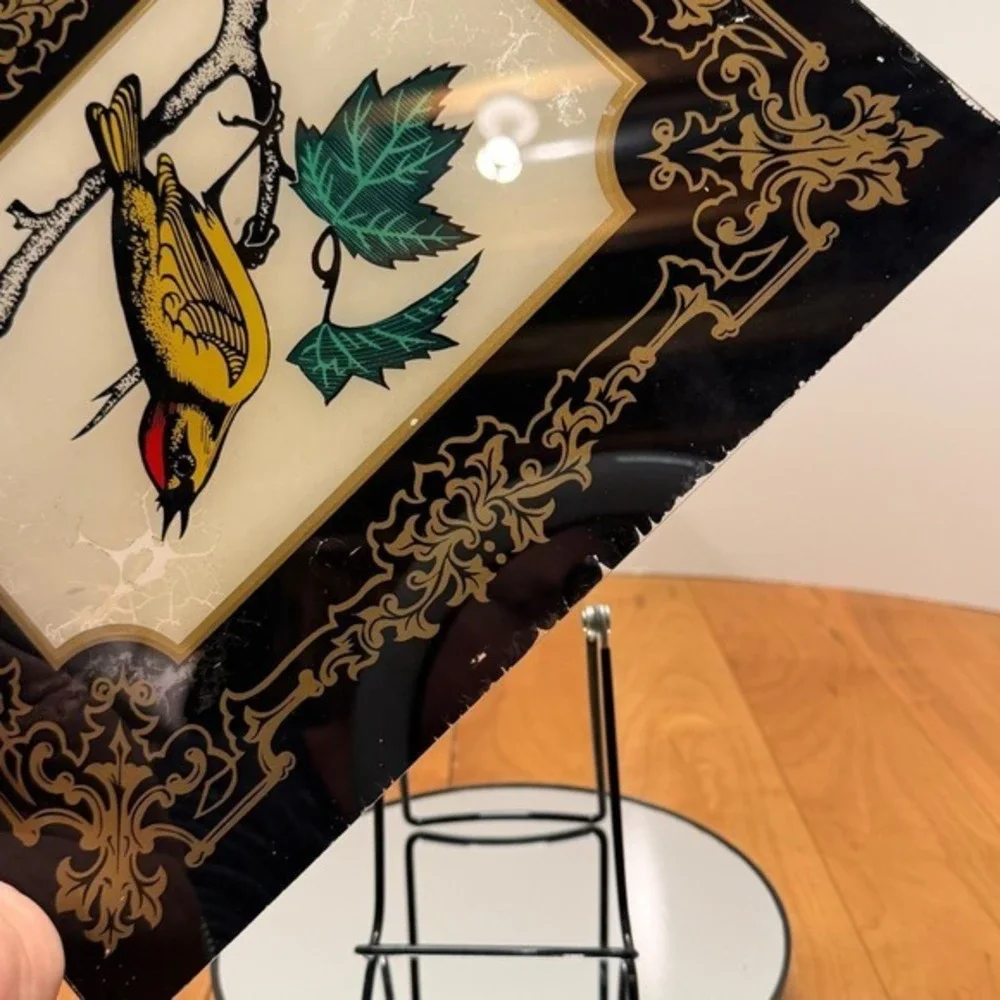 Vintage Reverse Painted Clock Glass – Bird Panel w/ Ornate Gold Border Vertical